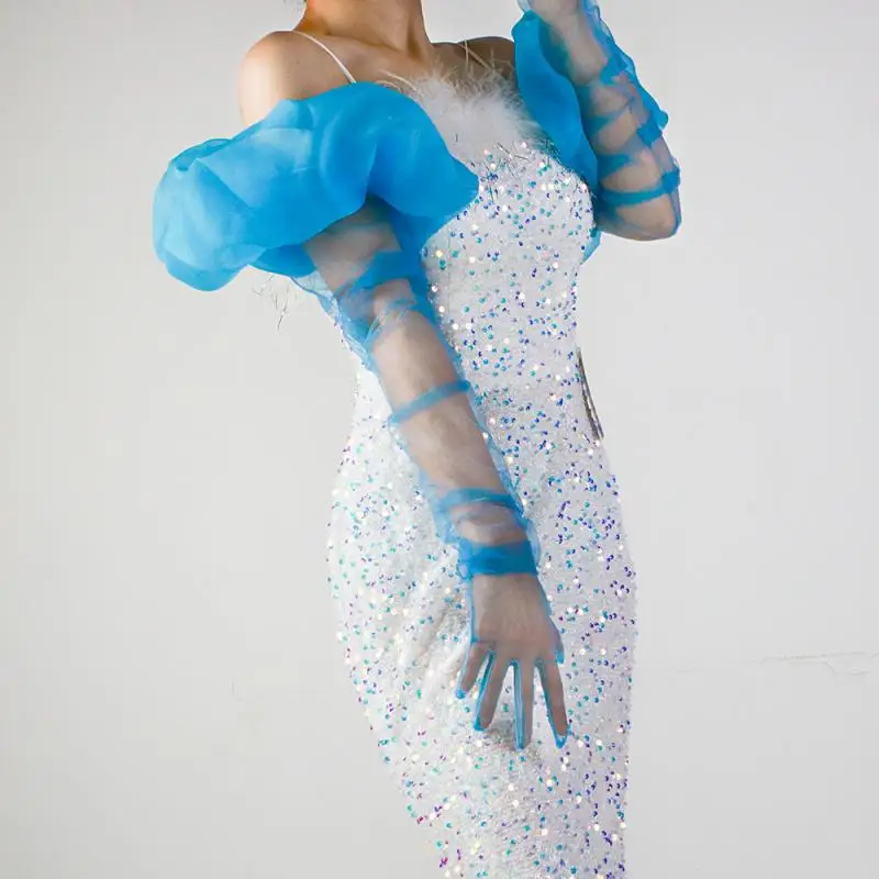 90 cm lange Tüll-Netzhandschuhe, sexy, halbtransparente Spitze, 3D-Wellenmanschetten, Damenärmel, elegante Handschuhe, gelb, einfarbig, große Puffärmel mit Rüschen – Detail 4