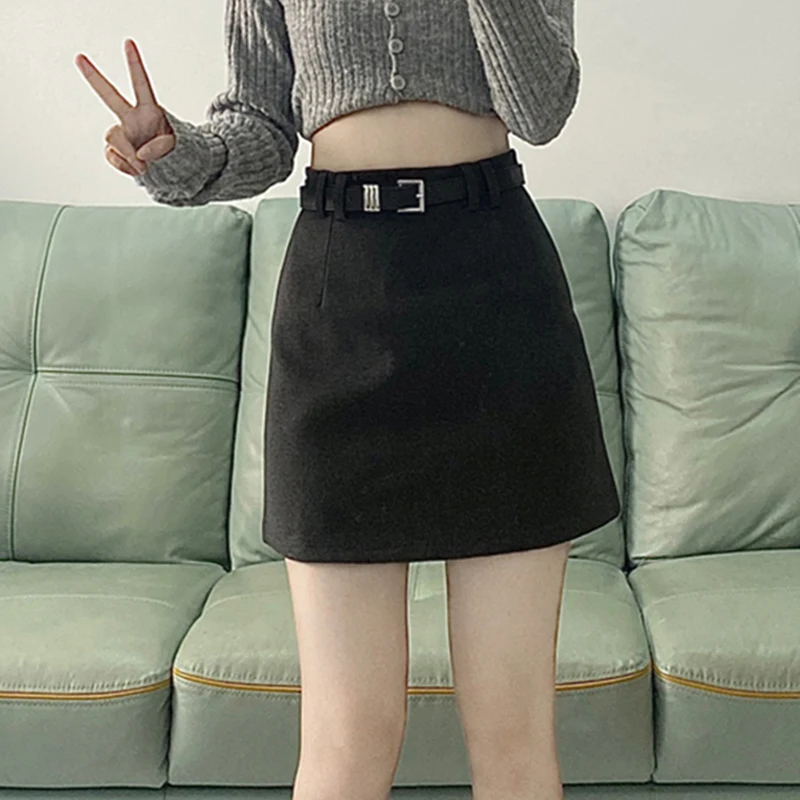

Женская трикотажная Мини-юбка с поясом, Повседневная трапециевидная офисная юбка составного кроя с высокой талией в Корейском стиле на осень