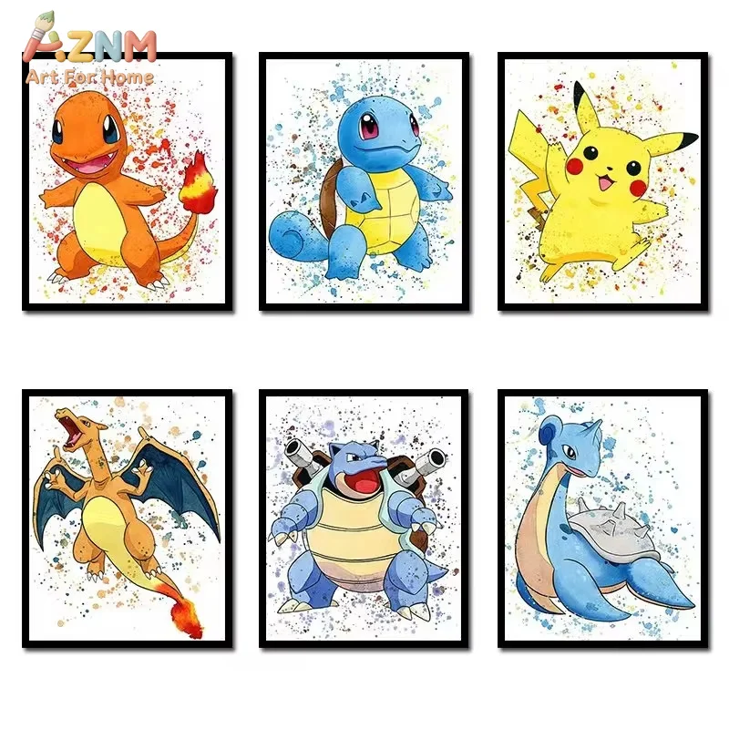 1PC ，Anime Pokemon Canvas Painting Bulbasaur Squirtle Poster and Print Watercolor Wall Art Picture Home Decor Kids Gifts