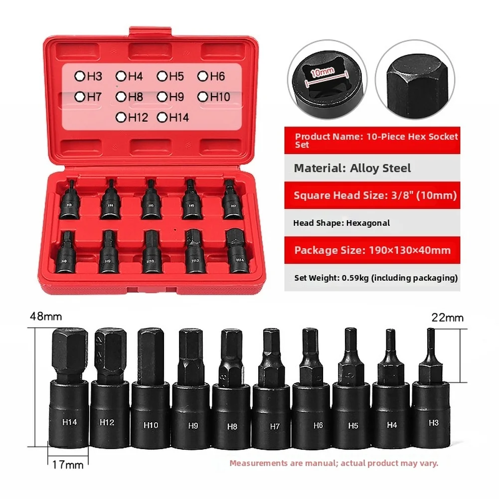 10 Piece 3/8 Inch FOR Hexagon Socket Set Alloy Steel Auto Machine Repair Tool Bit Socket Set Socket Wrench Tool Auto Accessories