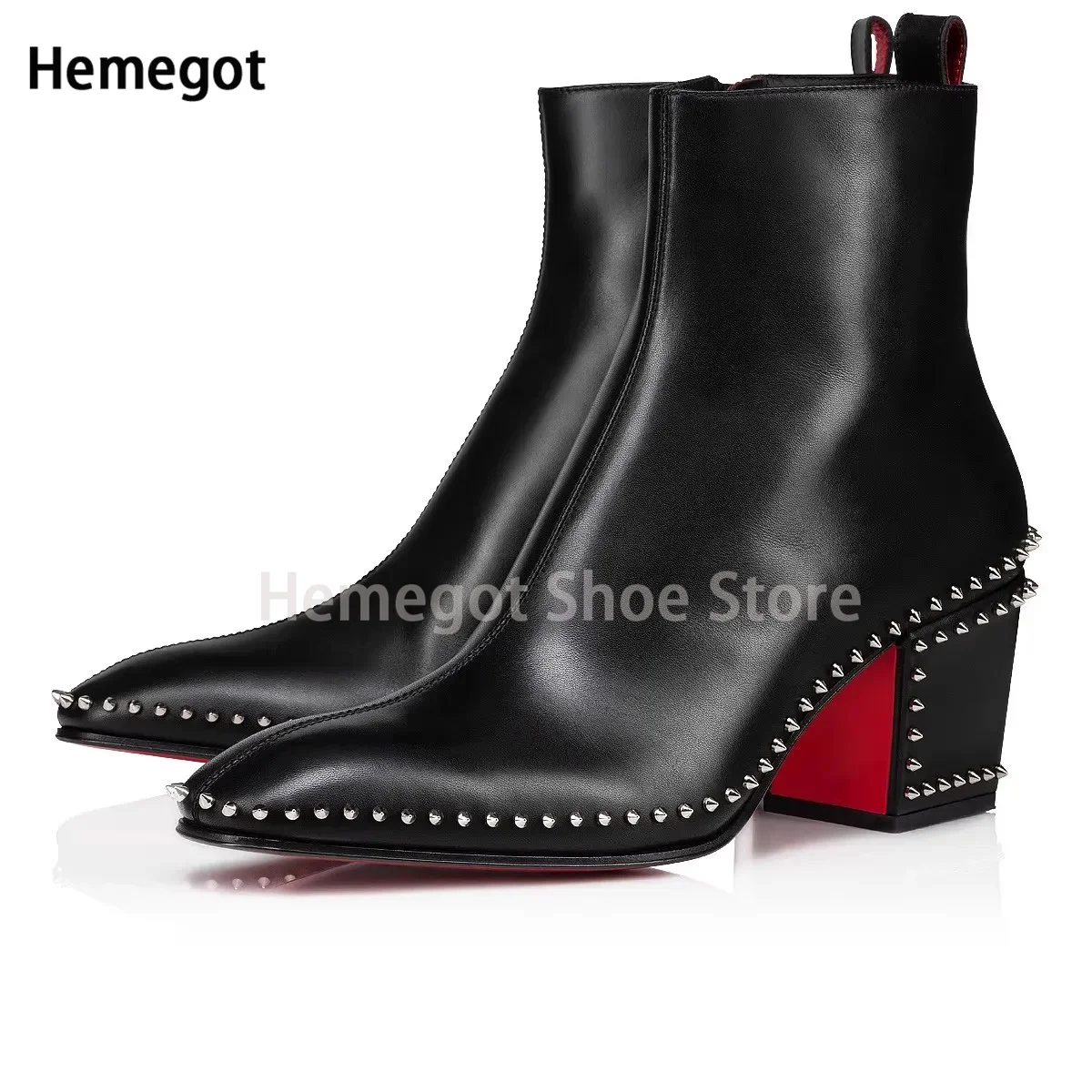 Men\'s Rivet Rhinestone High-Heeled Boots Winter Black Booties Retro Style High-Top Ankle Boots Zipper Casual Boots Shoes