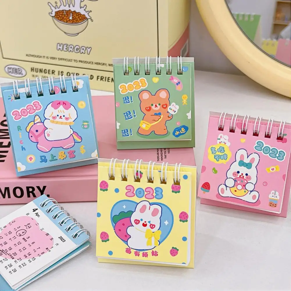 Tamanho compacto atraente registro data urso coelho dos desenhos animados em pé flip calendário mensal calendário ornamento para o quarto