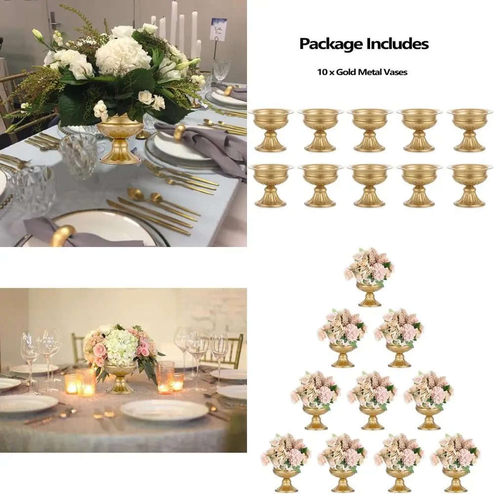

Set of 10 Gold Mini Pedestal Vases for Table Centerpieces, 5 Brass Bowls for Floral Arrangements, Ideal for Weddings, Birthdays,
