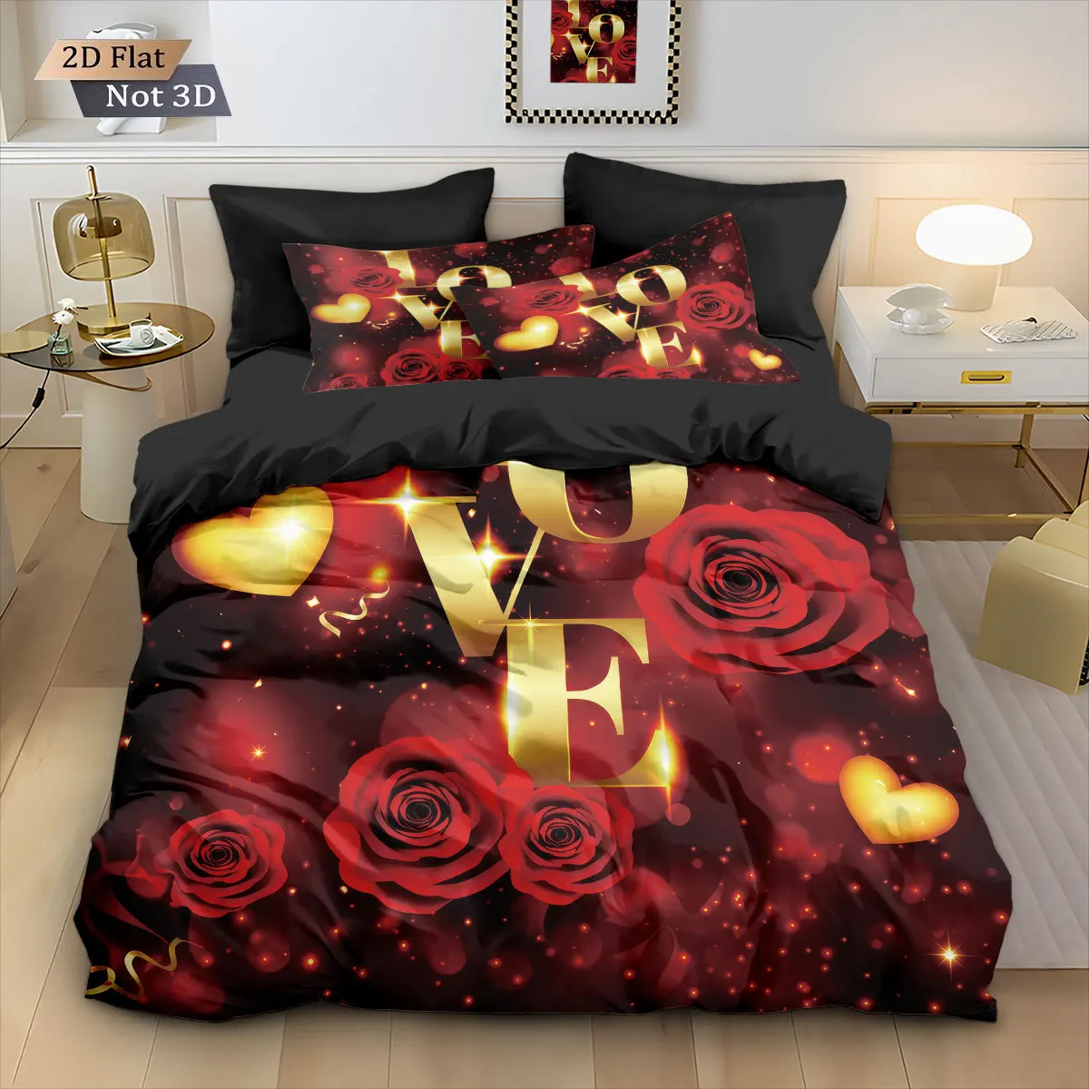 3pcs Red Bedding Set Golden Rose Valentine's Day Print Comfortable King Queen Twin Single Size for Home Decoration for Lover