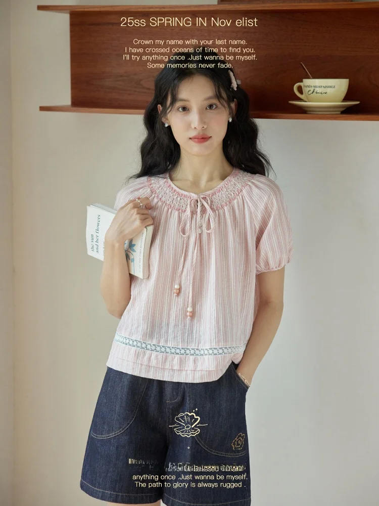 

Pink Texture Feeling Women's ort Sve irt round Ne Tie Dye Novet Elastic Comfortable Fit Casual Faion Top