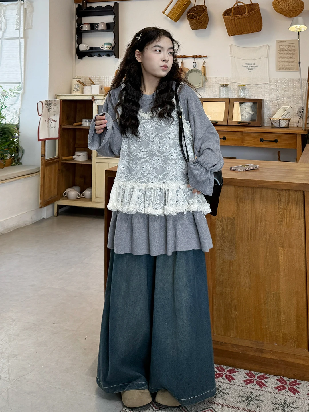 

plus Size Spring Faion Set High Waist Lace Patchwork Long Sve Denim Tank Top And Skirt Tee Piece Layered Slimming Outfit