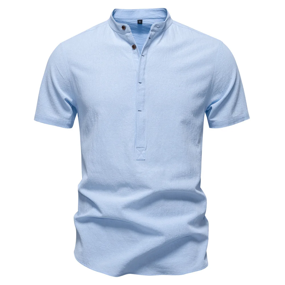 

New summer men's cotton and linen Henry collar short-sleeved casual breathable beach resort shirt, men's solid-colored top