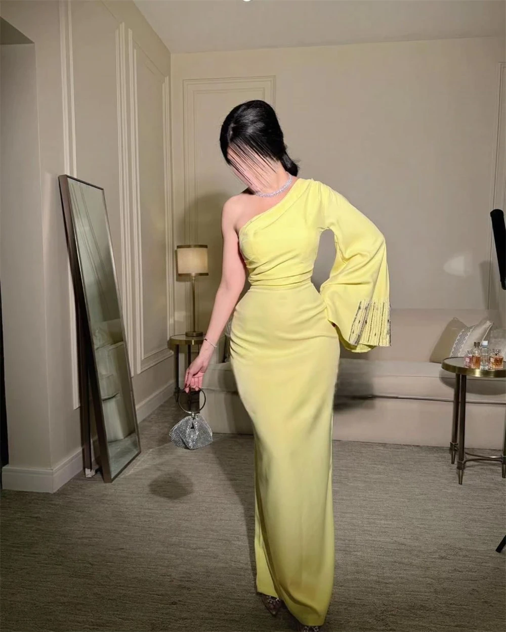 Customized Evening Dress Exquisite Jersey One Shoulder Long Sleeves Straight Floor Length Beading Ruched Special Occasion Gowns