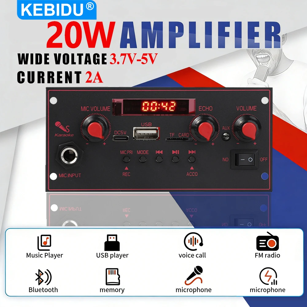 KEBIDU Amplificador de 20W con Bluetooth 5.0, Placa Decodificadora MP3 WMA, Reproductor MP3 DIY, Módulo de Audio para Auto, Micrófono, Radio FM, USB, Reproductor de Música