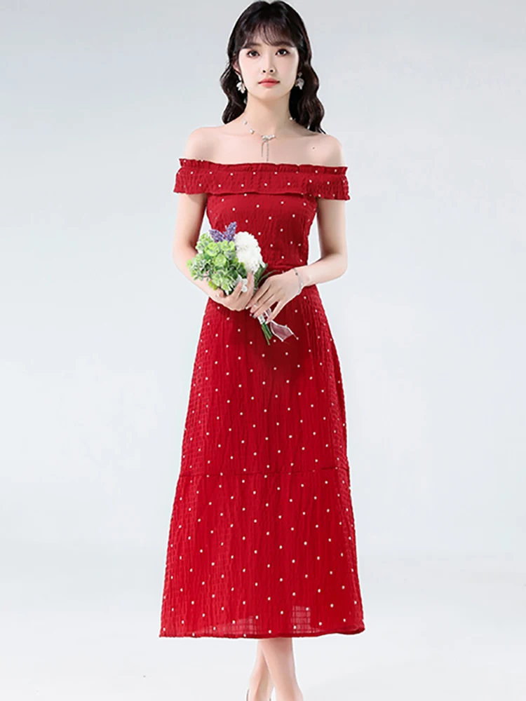 

Summer Red Polka Dot Chic Ruffled Slash Neck Sexy Long Dress Women Elegant Luxury Evening Dress 2025 Korean Vintage Party Dress