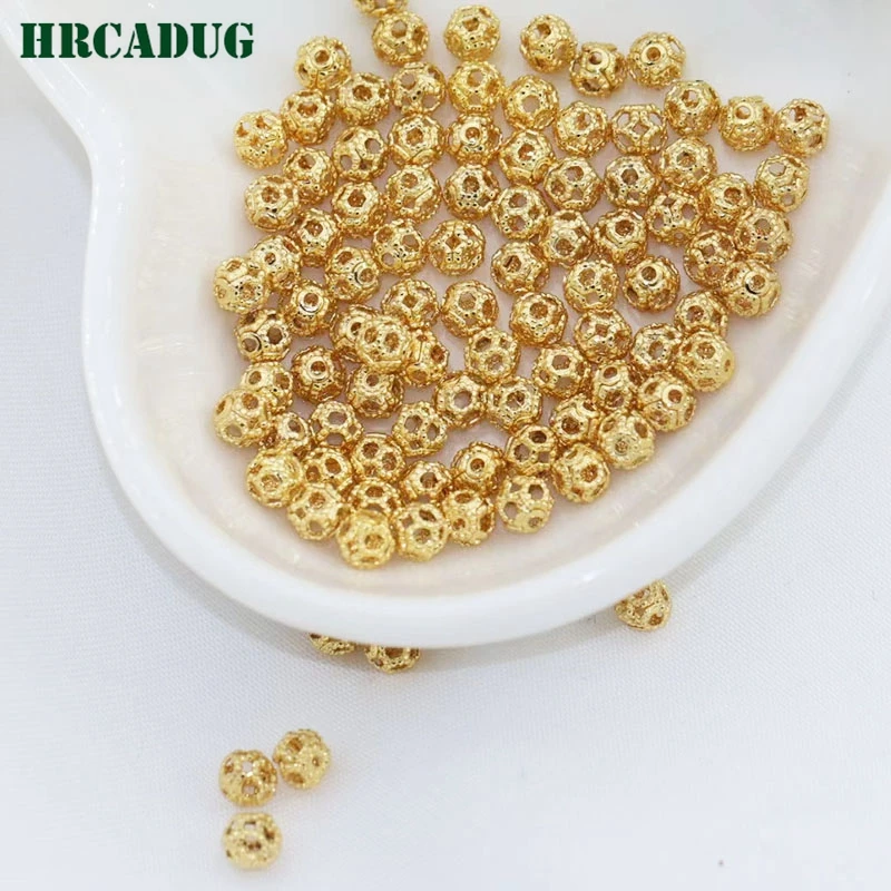 4mm 18K Gold Plated Hollow Out Spacer Bead Metal Small Separation Beads For Necklace Bracelet Jewelry Making DIY Accessories