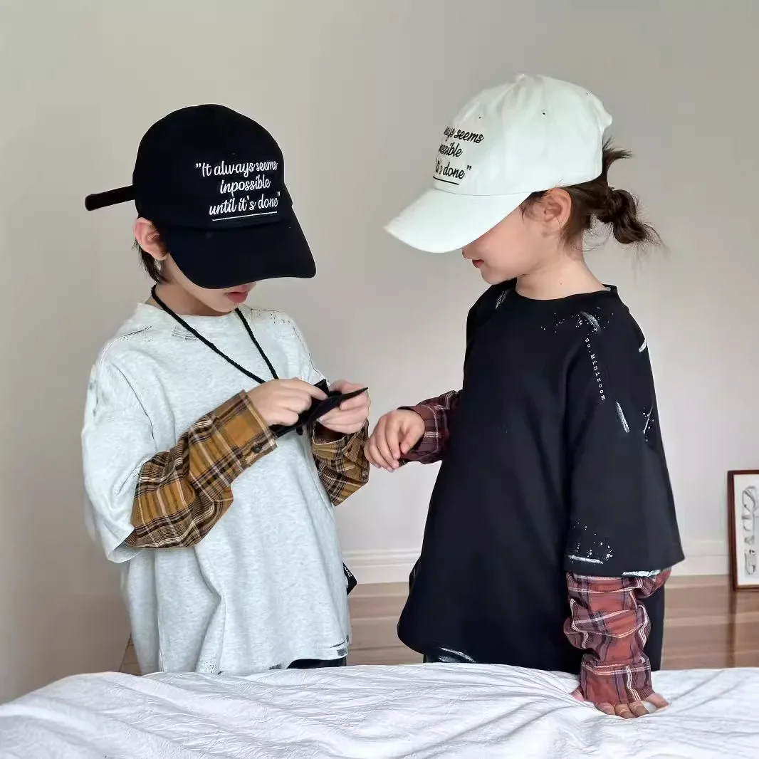 Children Clothing Plaid Design Sense Fake Two Hoodies 2024 Autumn New Boys and Girls Fashion Casual Graffiti All Match Top