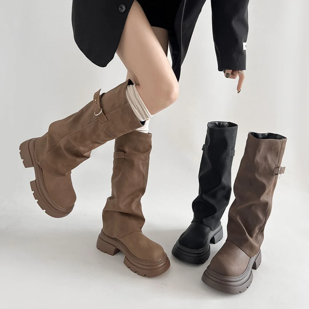 

Women's Calf Boots 2026 New Autumn Knee High Boots Trendy Chunky Heel Platform Biker Boots For Female Boots