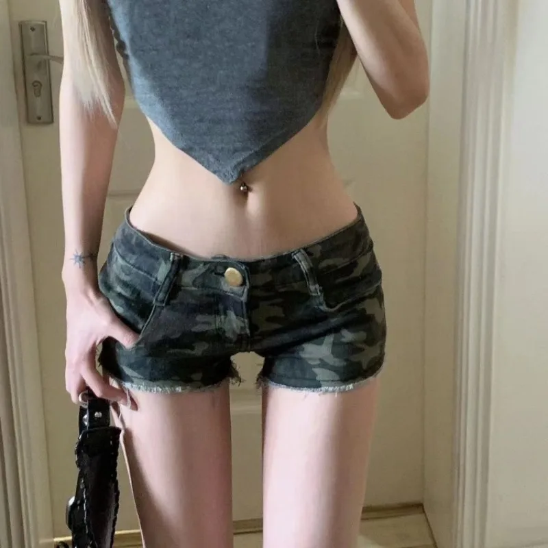 Vintage Sexy Camouflage Denim Shorts 2024 Summer New Straight Jeans for Women Y2k Grunge Low-waisted Bodycon Ropa Mujer