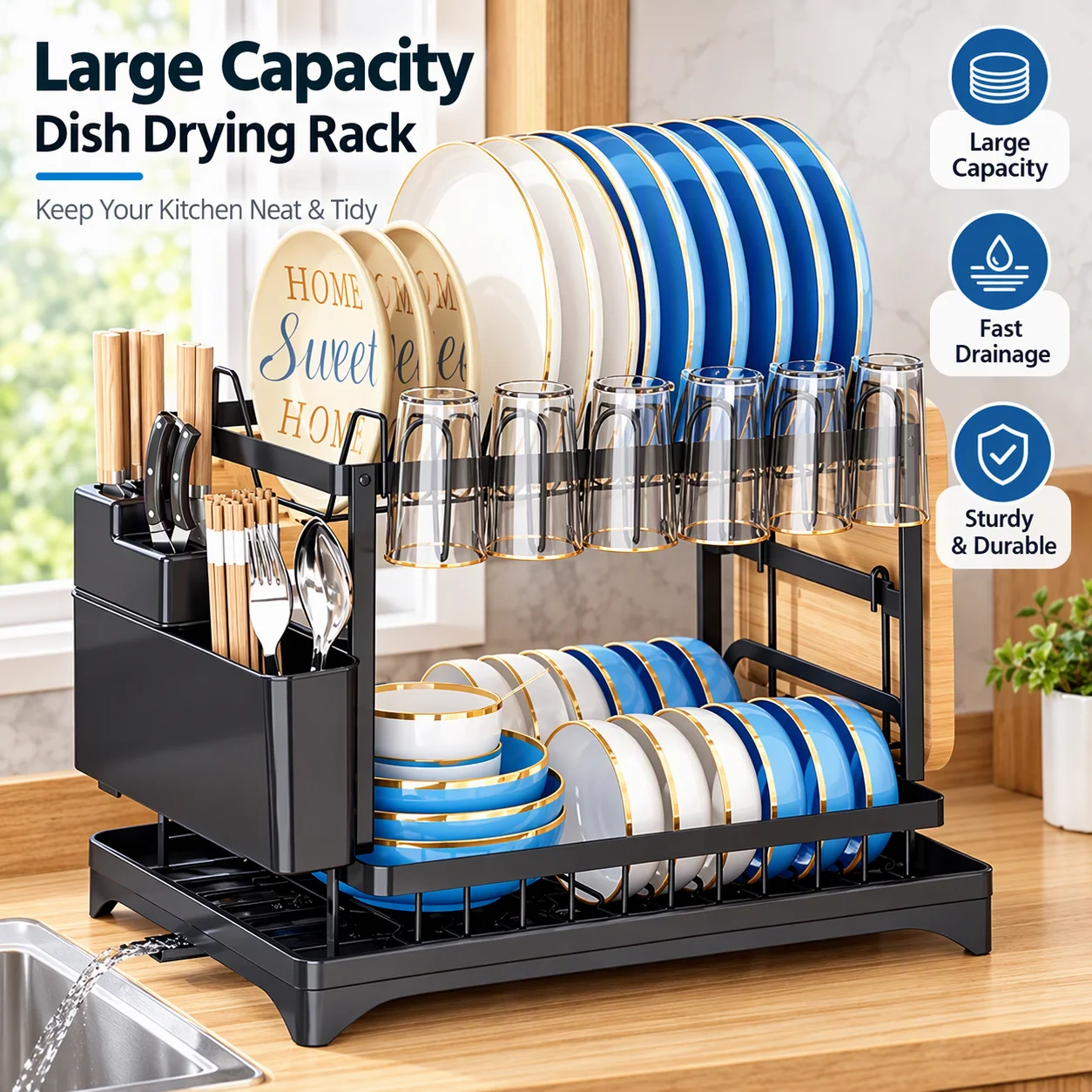 Large Capacity Dish Drying Rack 2 Tier Kitchen Dish Plate Organizer with Drainboard Cup Holder Cutting Board Rack for Countertop