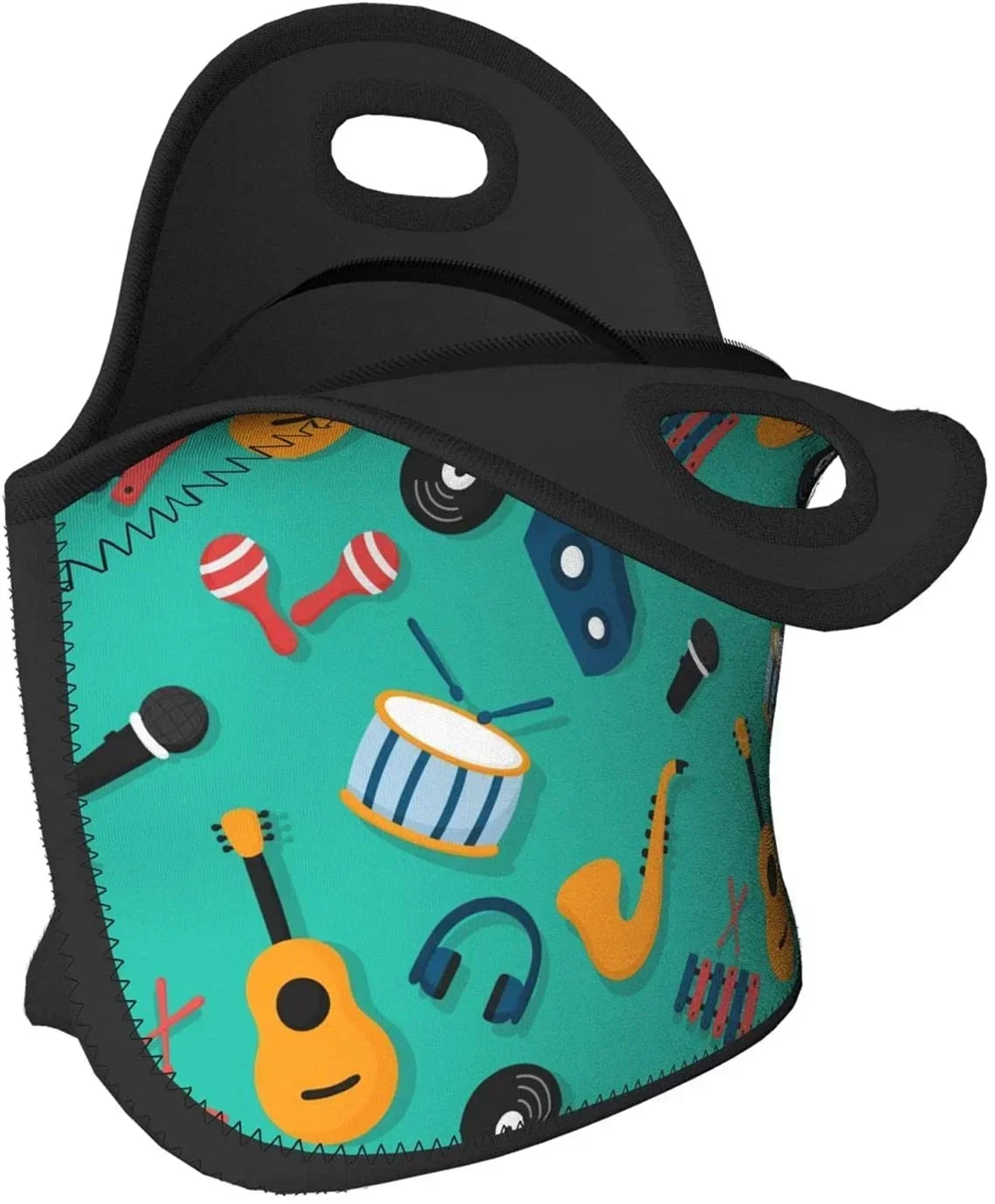 Green Cartoon Music Instrumetn Saxphone Neoprene Lunch Bag Boxs,Durable Thermal Tote Bag Organizer Cooler Bento Bags