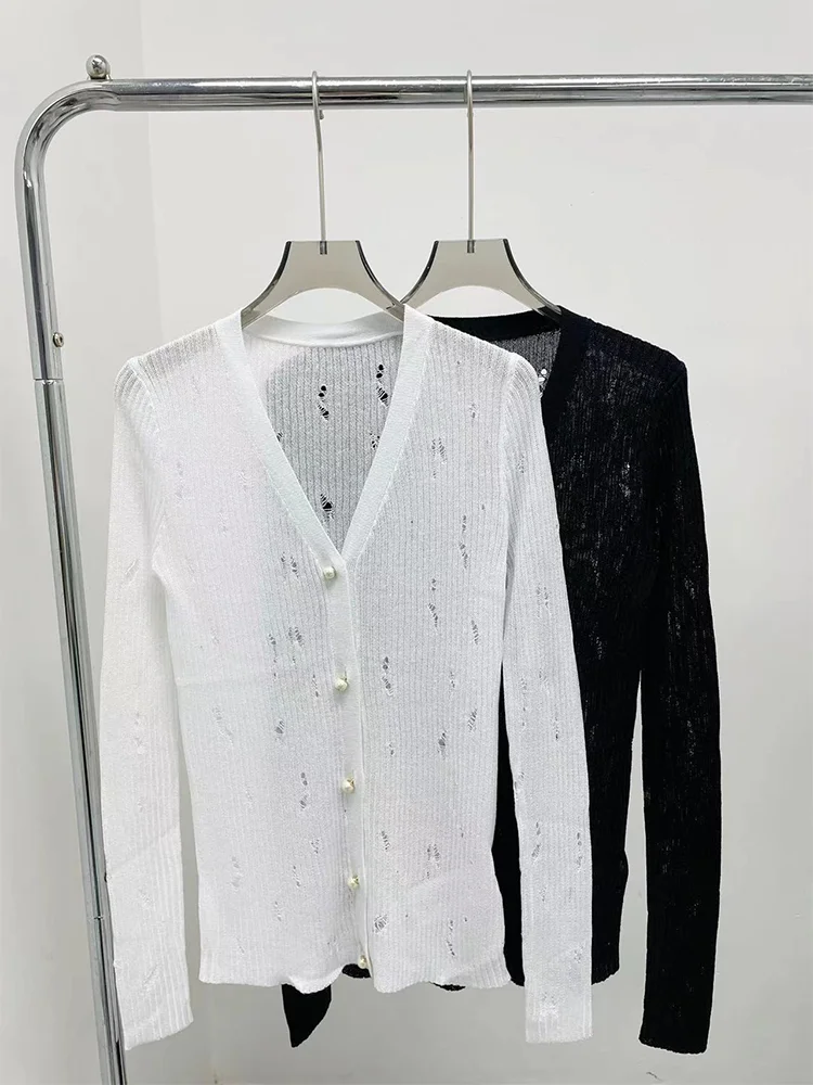 

Spring Summer New Arrival Women's Long Sve Knitted Open Cardigan Hollow out Torn V-Ne Thin Top Sun Protection Outerwear