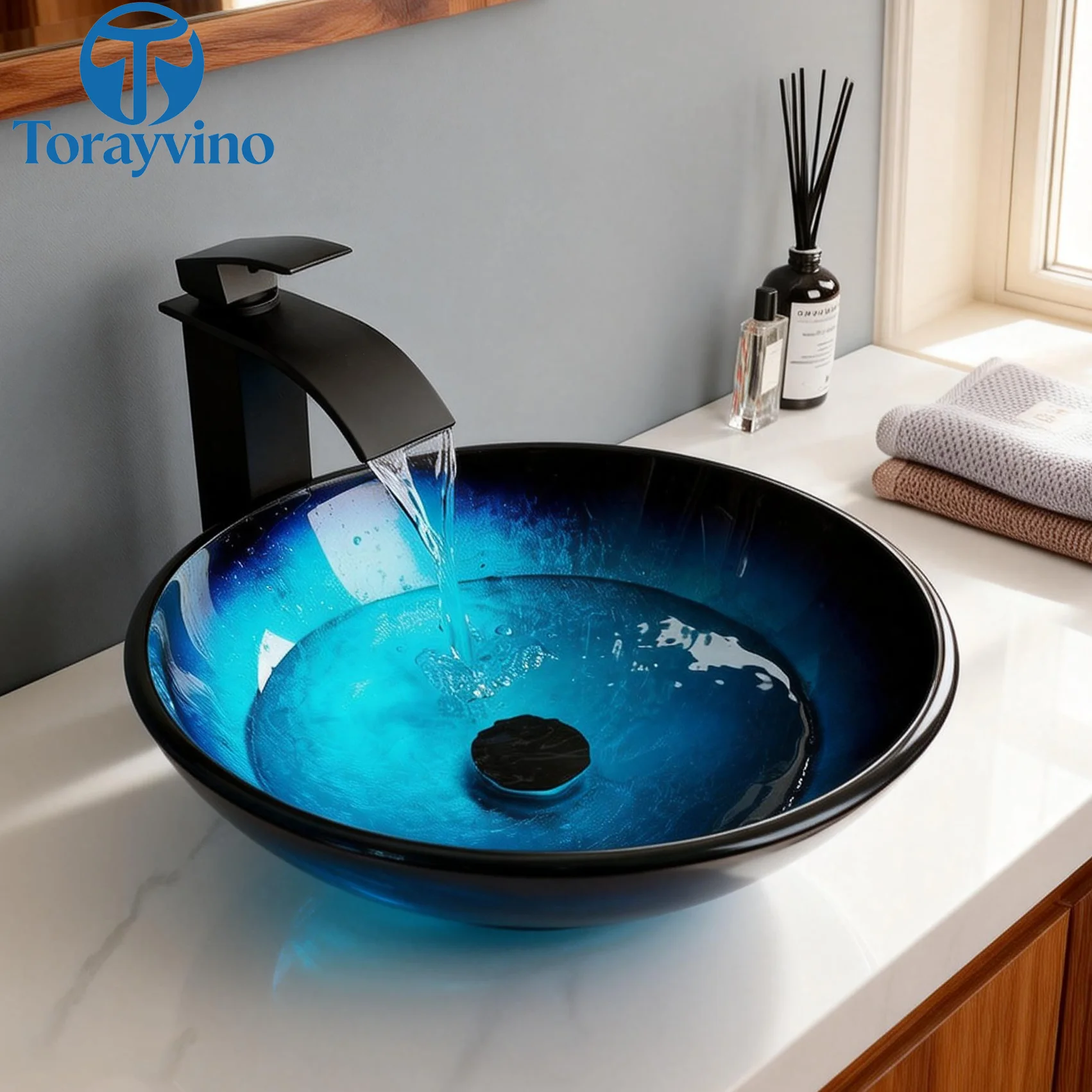 Torayvino Bathroom blue Tempered Glass Sink Oval Washbasin Faucets Combo Toilet Basin vessel Sink Set Washhand stand outdoor tap