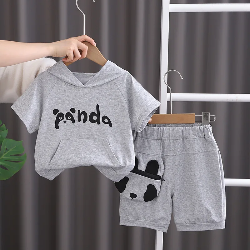 Summer new baby cute baby treasure Panda hooded short sleeve suit cool summer boys short sleeve suit