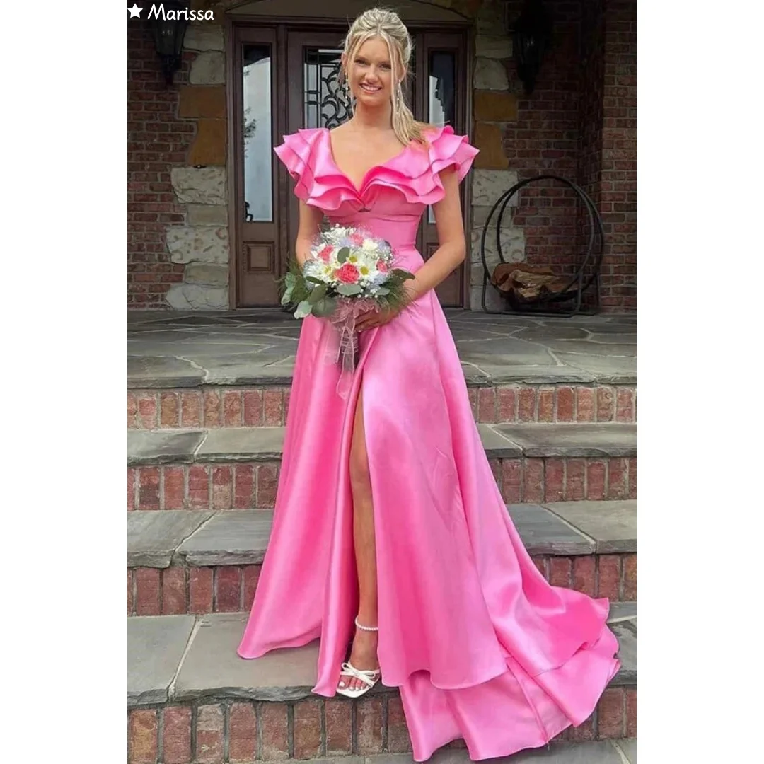 

Marissa Custom Made Evening Dresses Woman Elegant Dresses for Special Event Wedding Dress Line A Hot Pink V-neck Ball Gowns Prom