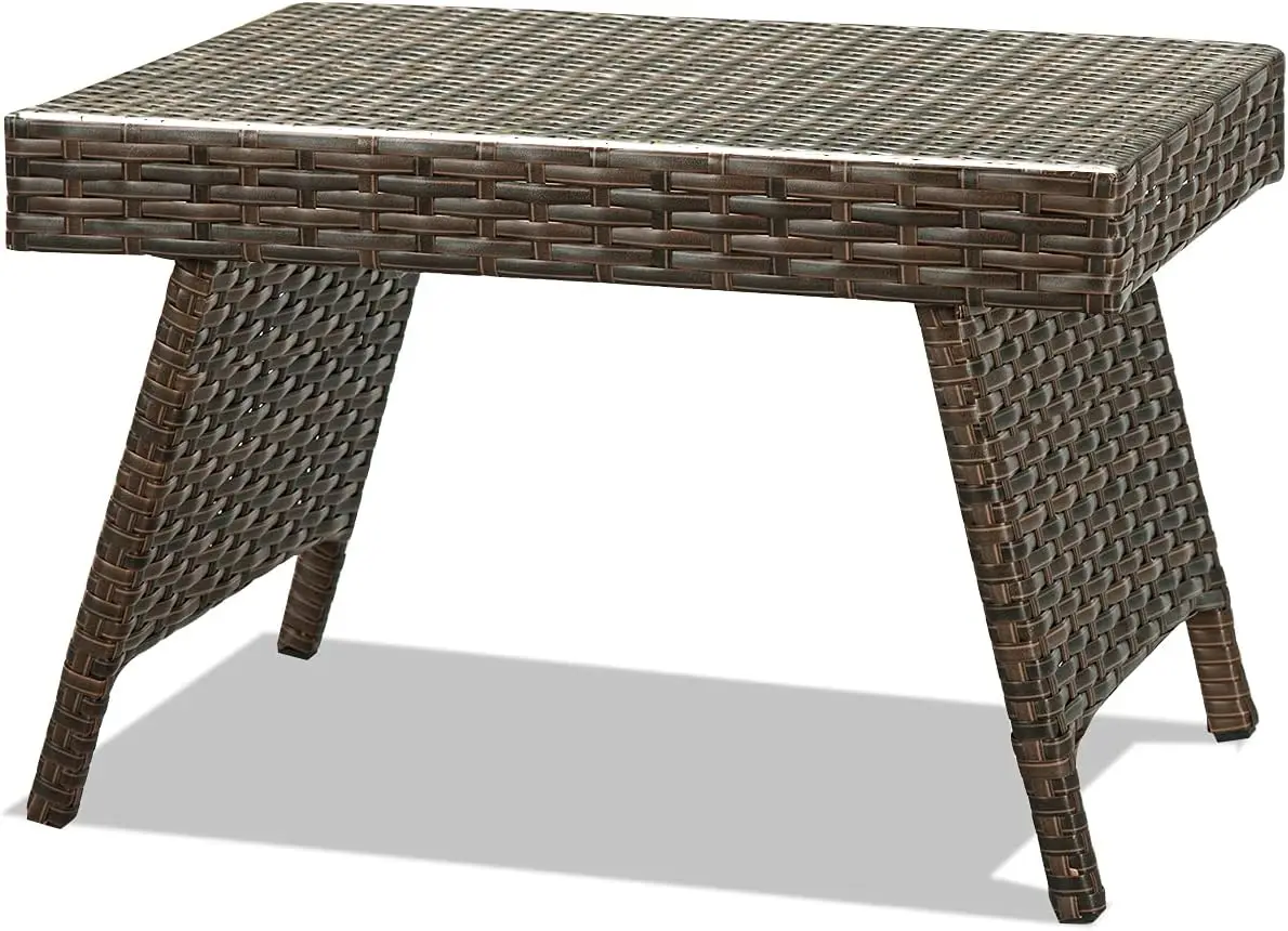 

Patio Rattan Side Table - Folding Coffee Table with Premium Brown PE Wicker & High-Duty Steel Frame, Outdoor Beside Table