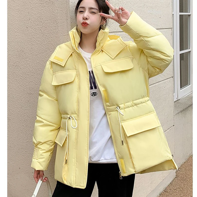 Gidyq Winter Thick Warm Parkas Women Fashion Designed Drawstring Loose Down Jacket Casual Female Big Pocket Korean Puffty Coats