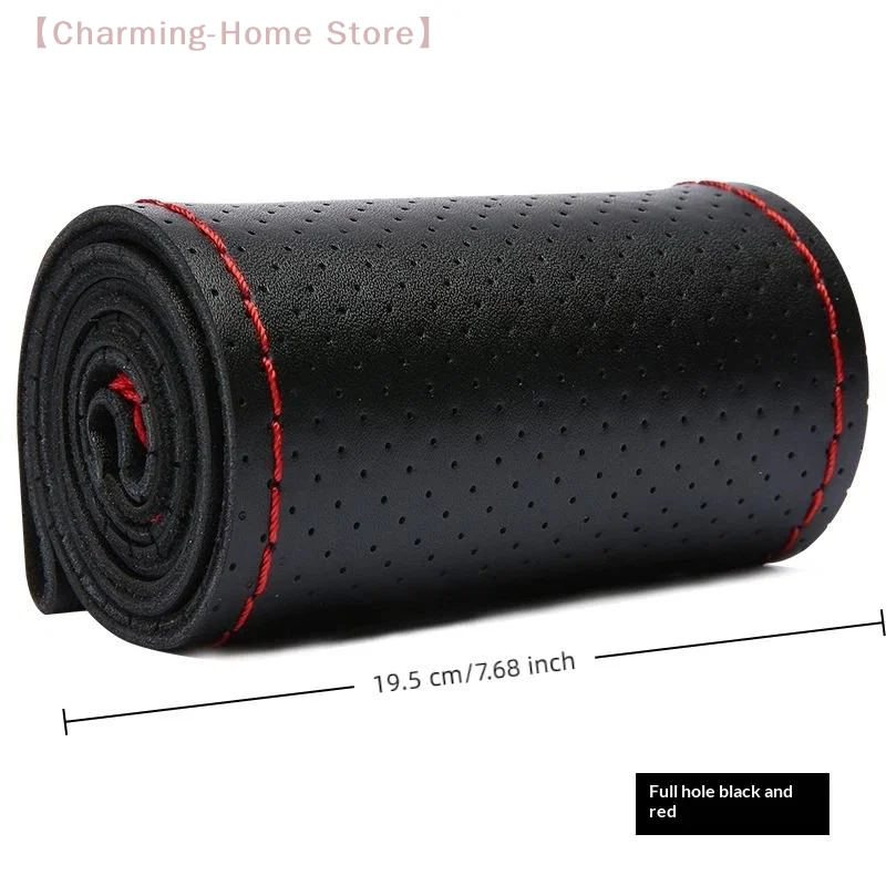 【M】Handgenähter Schutzbezug für das Autolenkrad aus Leder, atmungsaktiv, rutschfest, universell geeignet, 38 cm, elastisches Band, Textur-Dekor