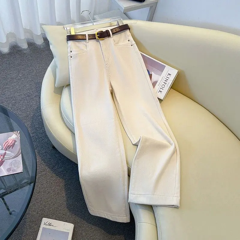 

Белые прямые джинсы женские с высокой талией, новинка 2026 года, модные универсальные узкие и широкие брюки, длина 9 дюймов