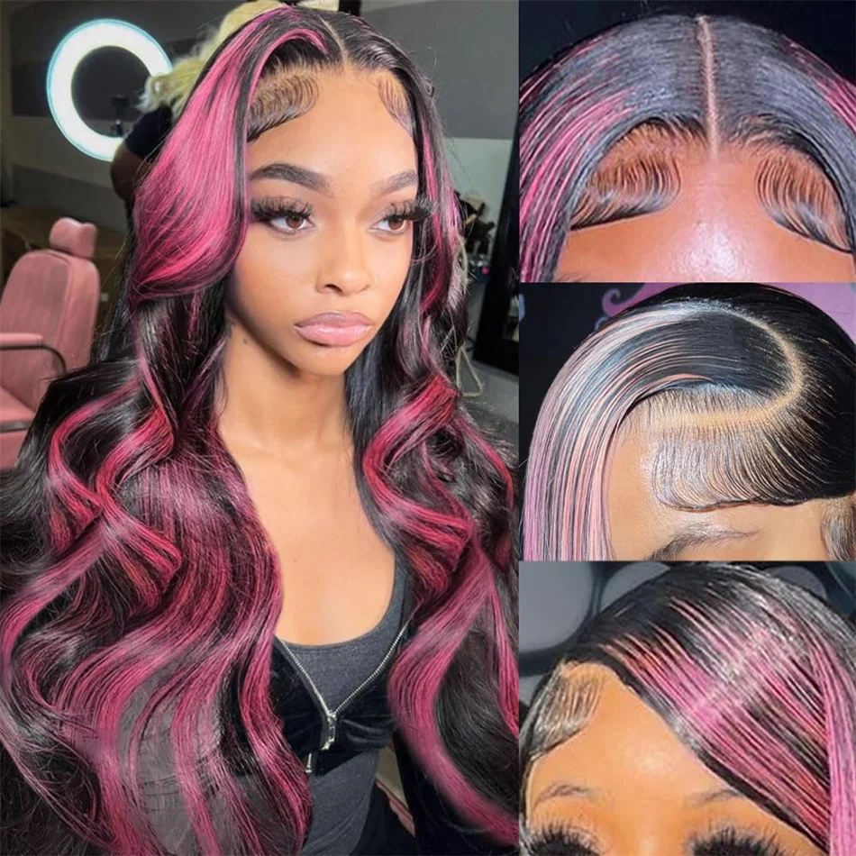 

Ombre Lace Front Wig Human Hair Pink Stripe Human Hair Wigs 13x4 Lace Frontal Body Wave Highlight Pink Human Hair Wig 26Inch