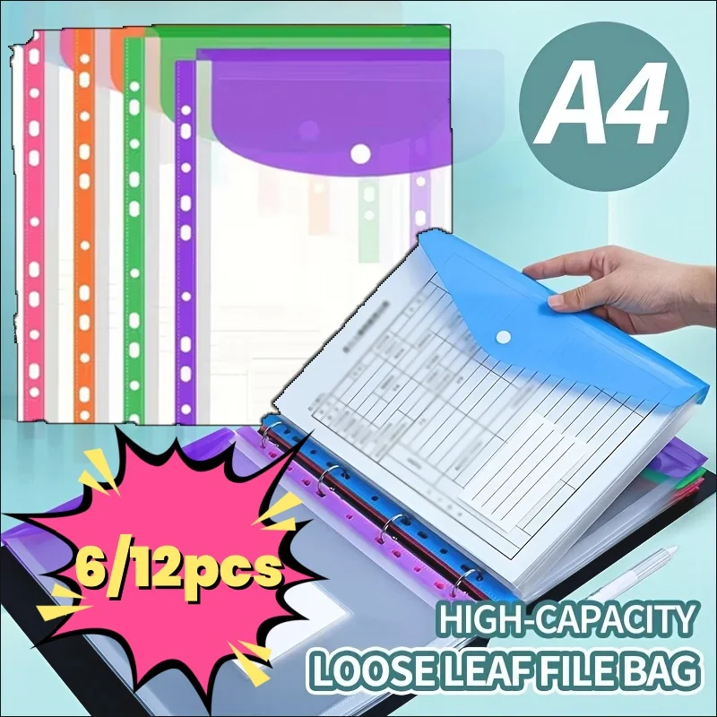 

6pcs Plastic Envelope With Adhesive Snaps & 11 Holes File Folder Expansion Bag For 2/3/4 Ring File Bag A4 File Bag School Office