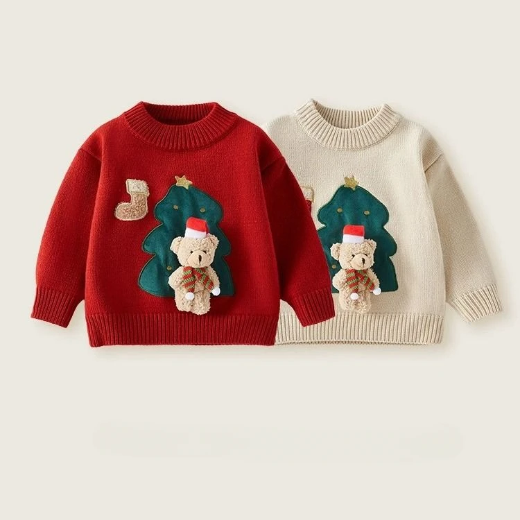 Girls' Christmas Sweater 2024 Autumn and Winter New Thickened Children's Girls' Baby Red Fashion Base Knitted Winter Clothes