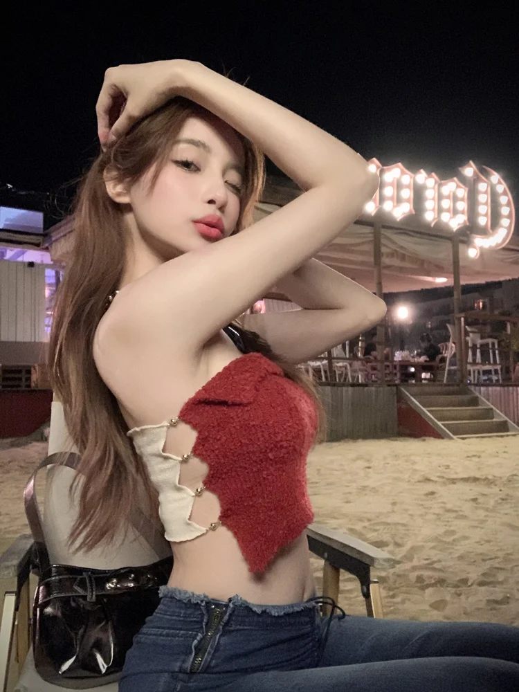 

Red Backless Knitted Bra Small Tank Top Women Summer Hot Girls Sexy Slimming Show Thin Inside Wear Short Crop Top Outside