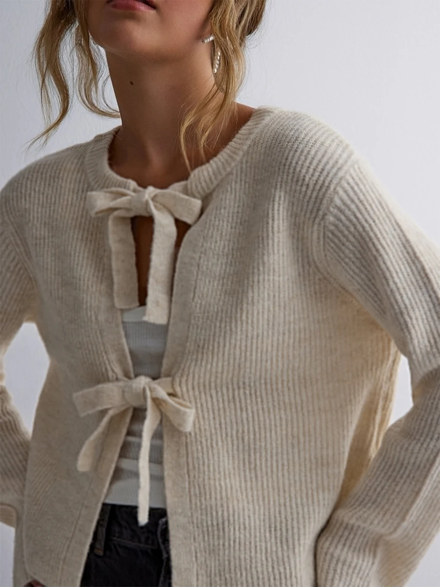 Women\'s Knit Sweaters Autumn Casual Long Sleeve Crew Neck Bow Tie Front Cardigans Solid Color Casual Loose Ribbed Outwear