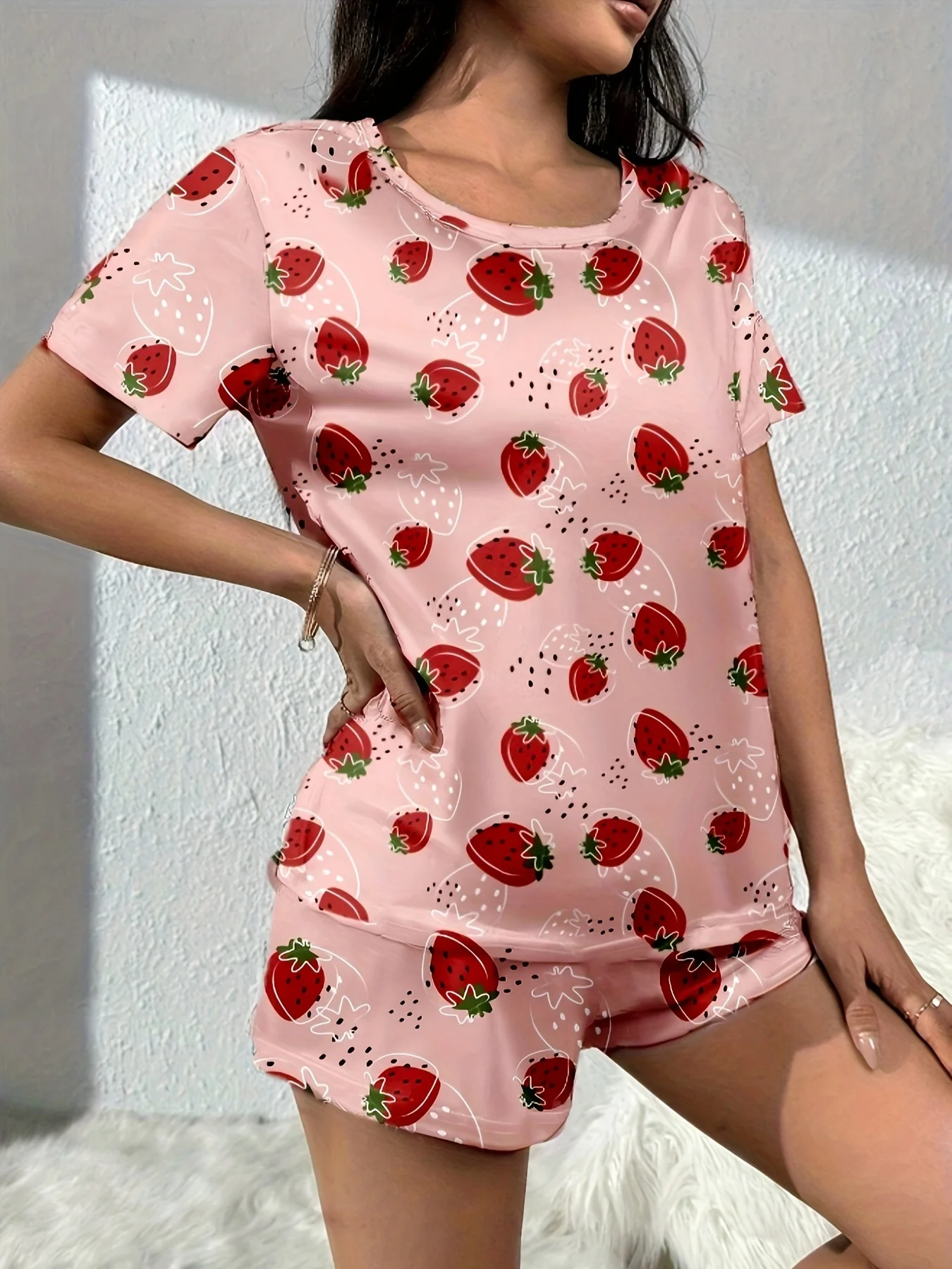 

2-Pack Women's Four-Season Spring and Summer Casual Loose and Cute Strawberry Print Short-Sleeved Shorts Pajama Set