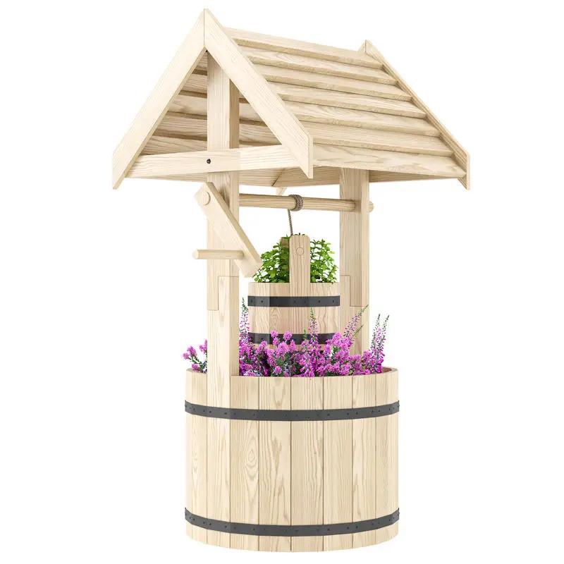 

Outsunny Wood Wishing Well for Outside with Hanging Bucket, Wishing Well Planter with Drain Hole for Garden Patio, Natural
