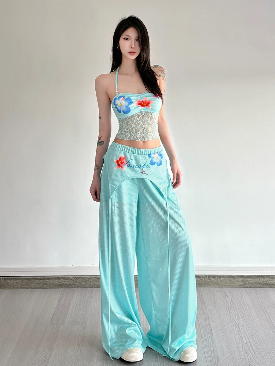 

Women's Pants Set Y2K Retro Lace Patchwork Print Halter Camisole Fake Two-piece Niche blue High-waist Casual Wide-leg Pants