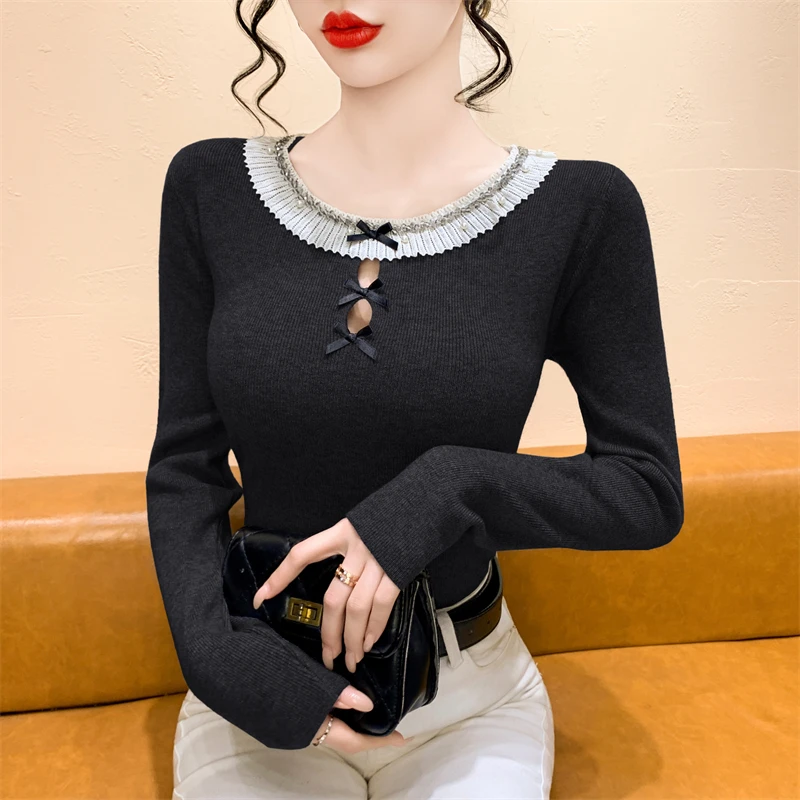 여성용 레이스 트림 매듭 장식 홀 니트웨어 슬림핏 베이스 스웨터 탑 한국 스타일 출퇴근 패션