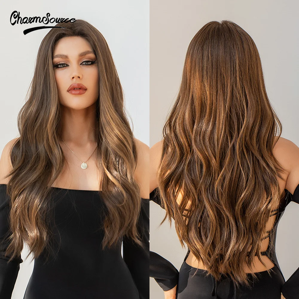 

CharmSource Synthetic Front Lace Wig Long Natural Body Wavy Brown Blonde Wigs forwomen Daily Party High Density Heat Resistant