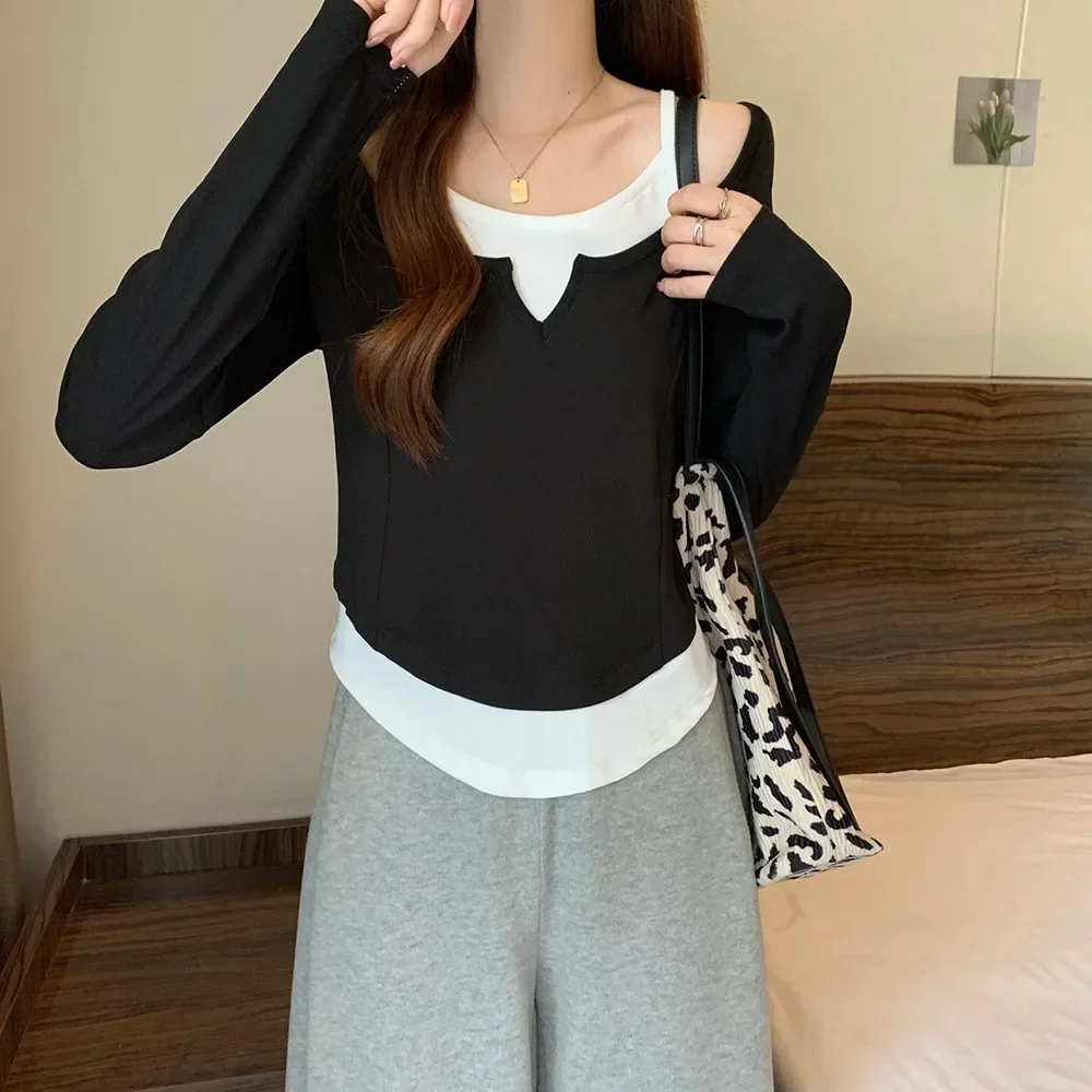 women clothing Fake Two Pieces Long sleeves Shirt Top Autumn New Chubby Girl Versatile Design Bottoming E4936