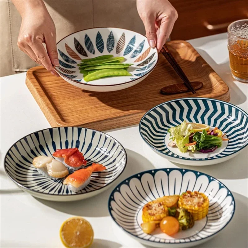 Japanese-Style Underglaze Color Plate Dish Household 2025 New Style Plate Geometric Plant Printed Tableware 8 Inch Deep Plate