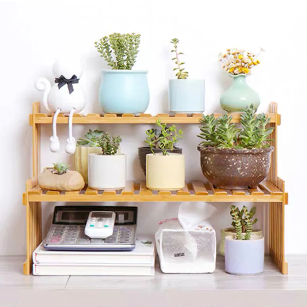 2 Tiers Wooden Plant Stand Shelf for Desktop Flower Pots with Stair Step Design to Maximize Vertical Space in Office or Home
