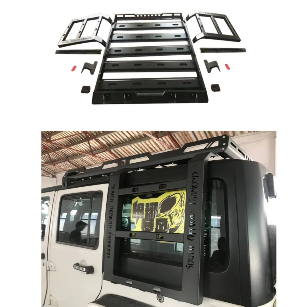

Roof Rack Rooftop Cargo Carrier Steel Basket Car Top Luggage Holder 4 Door with Side Ladder for Wrangler JK 2007-2017 J376