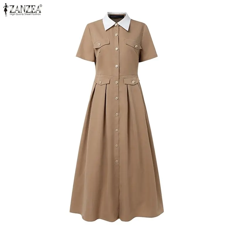 2026 ZANZEA Women Elegant Long Shirt Vestidos Summer Sundress Fashion Short Sleeve Buttons Streetwear Office Lady Maxi Dresses