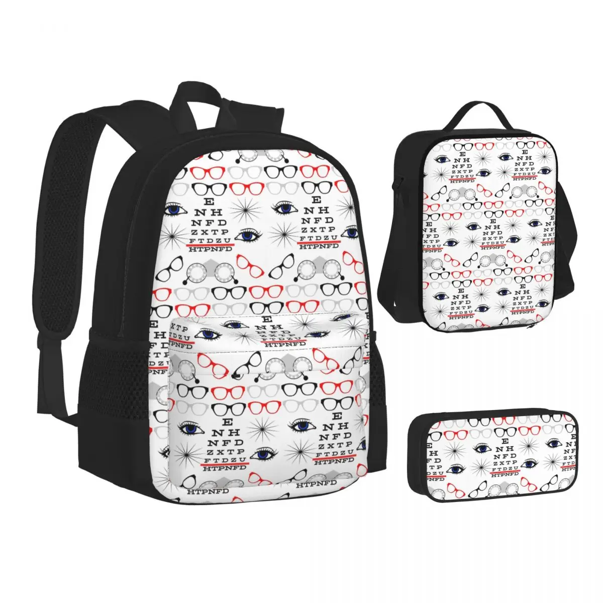 

Ophthalmologist Optician Eye Clinic Fun Design Backpacks Bookbag School Bags Kids Rucksack Lunch Bag Pen Bag Three-Piece Set