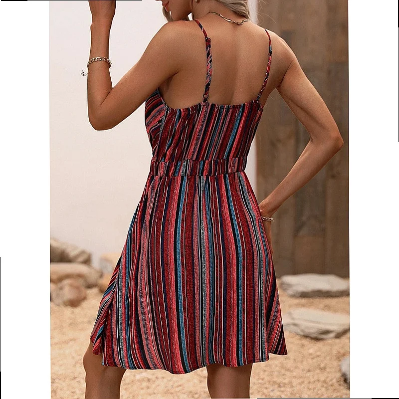 Sexy Striped Wrap V Neck Dress Summer Sling Dresses Bodycon Midi Tube Tops