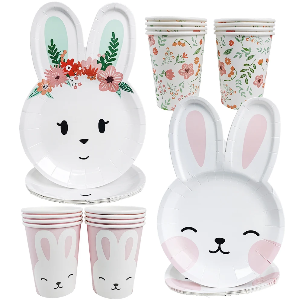 Easter Theme Disposable Tableware Cute Cartoon Bunny Rabbit Pattern Paper Plates Cups Napkins Kids Favor Easter Party Decoration