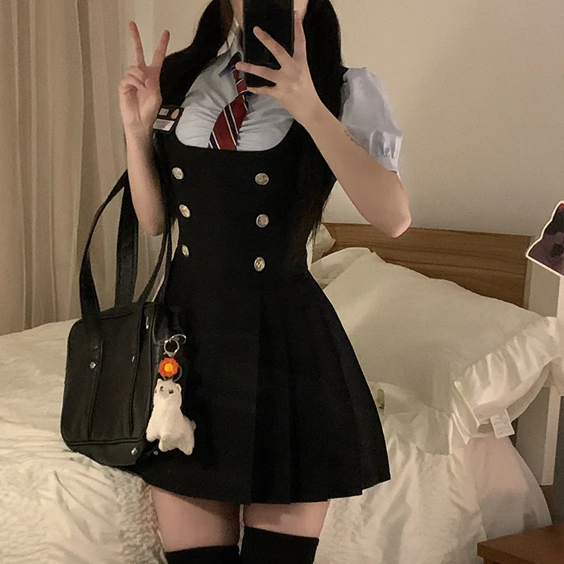 JK Vita alta Cintura dimagrante Ragazza piccante Camicia a maniche lunghe Bretelle nere Abito Set uniforme scolastica per le donne Estate