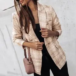 Chic Women Double Breasted Plaid Coat Vintage Long Sleeve Flap Pockets Casual Buttons Autumn Female Outerwear