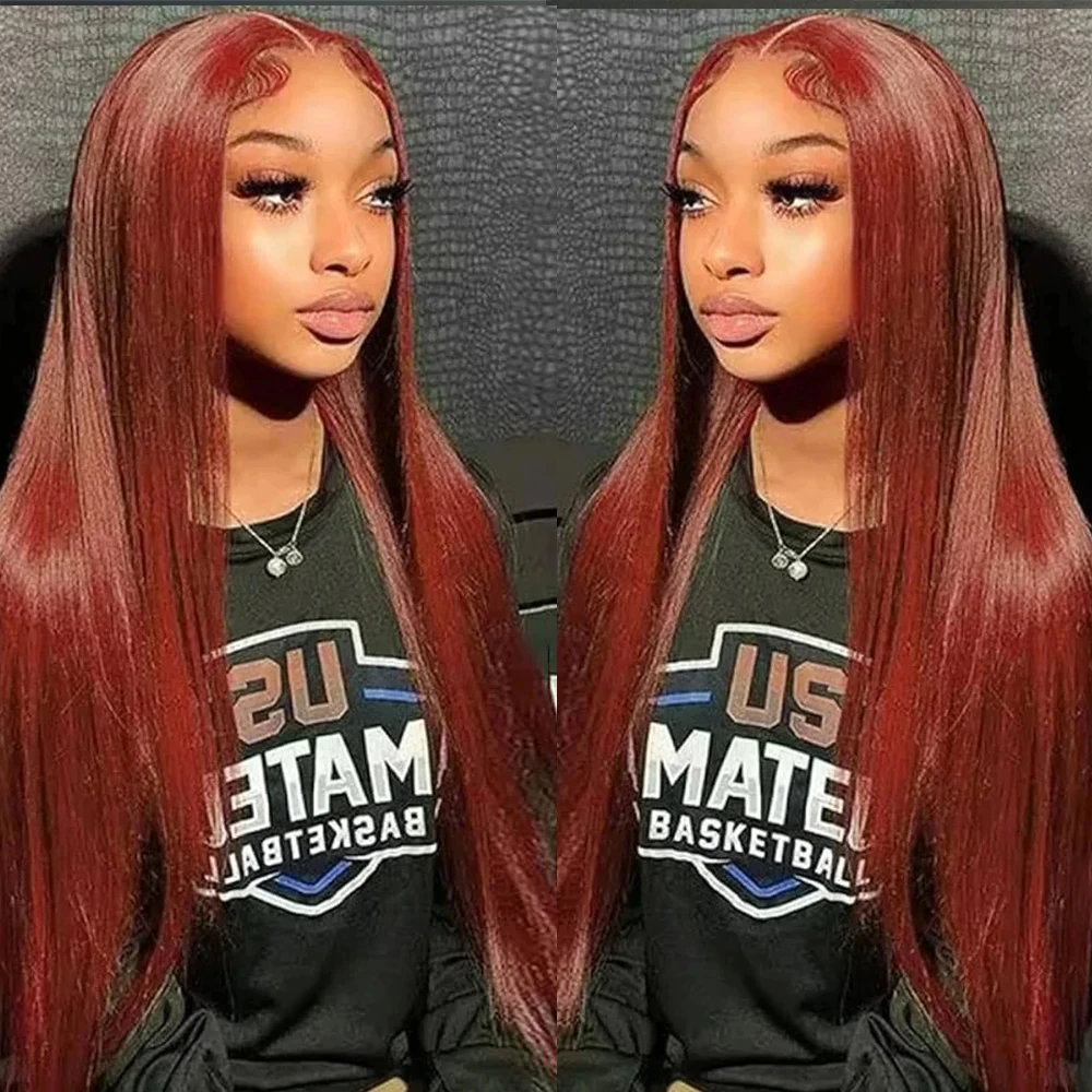 13x6 HD Lace frontal Wig Reddish Brown Lace Front Human Hair Pre Plucked Dark Red Brown Bone Straight   On Sale Clearance