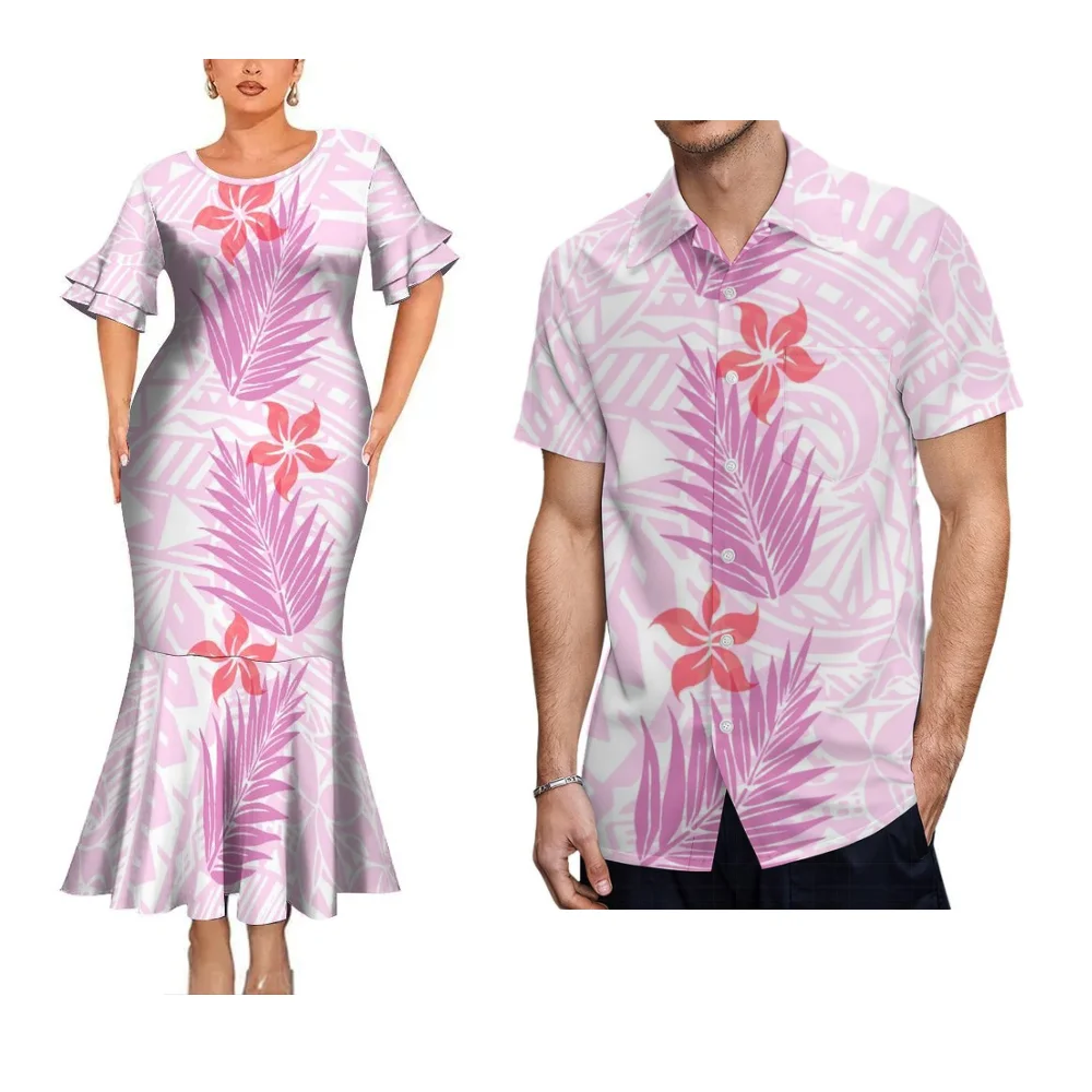 Set di coppia in stile isola con stampa floreale hawaiana, design artistico samoano, abito a coda di pesce da donna e camicia da uomo con stampa artistica dell'Isola del Pacifico